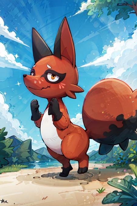 00099-1505890363-masterpiece,best_quality__Nickit, pokemon (creature),__,__Smile, closed mouth__forest, lake, blue sky, cloud.png